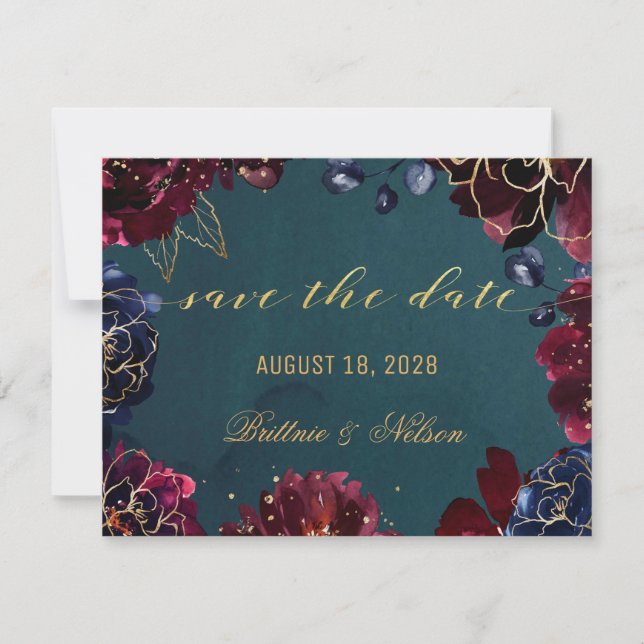 Teal Bordeaux Sapphire Jewel Tones Save The Date Invitation (Front)