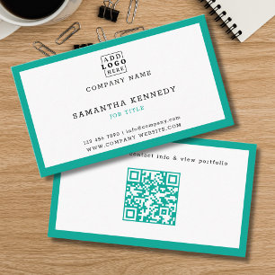 Teal Border QR Code Professional Custom Logo Business Card