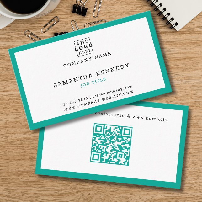 Teal Border QR Code Professional Custom Logo Business Card (Creator Uploaded)