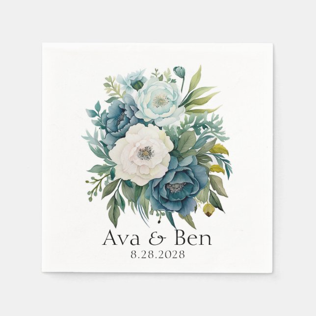 Teal Botanical Floral Peonies Wedding Napkin (Front)