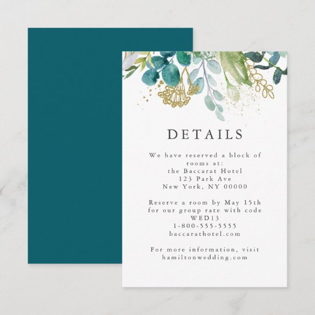 Teal Botanical Modern Elegant Wedding Details Card (Front/Back)
