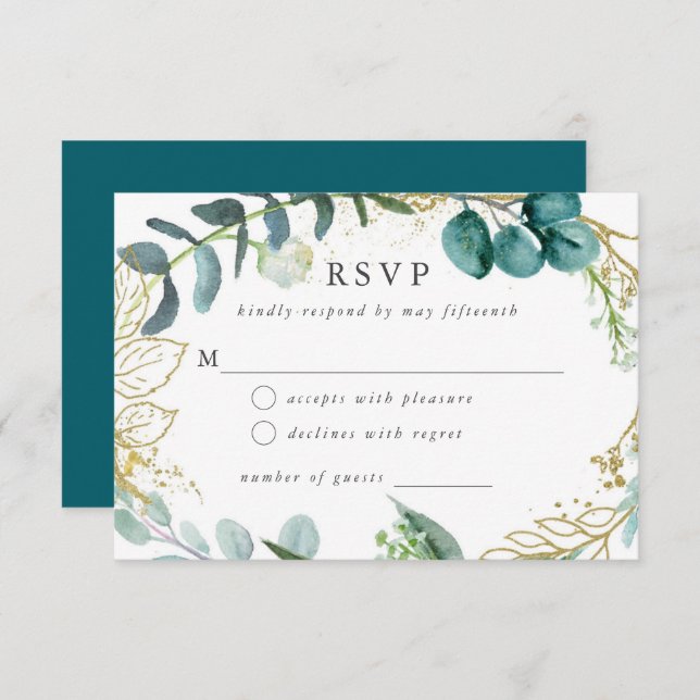 Teal Botanical Modern Elegant Wedding RSVP Card (Front/Back)