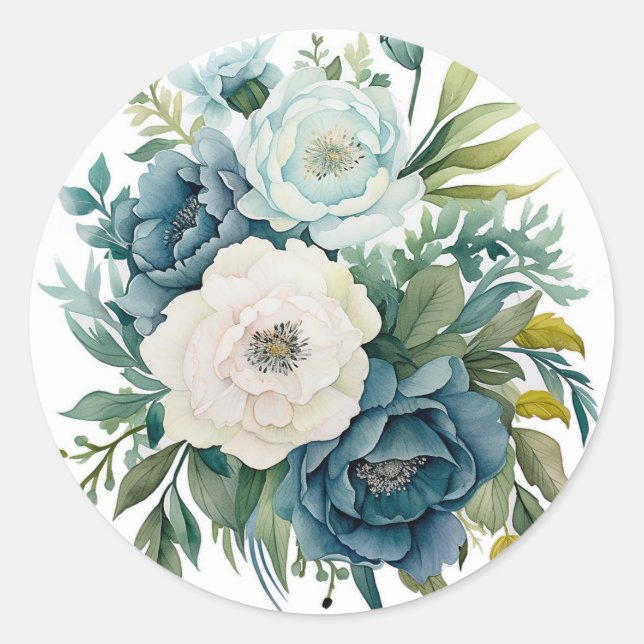 Teal botanical Peonies Wedding Classic Round Sticker (Front)