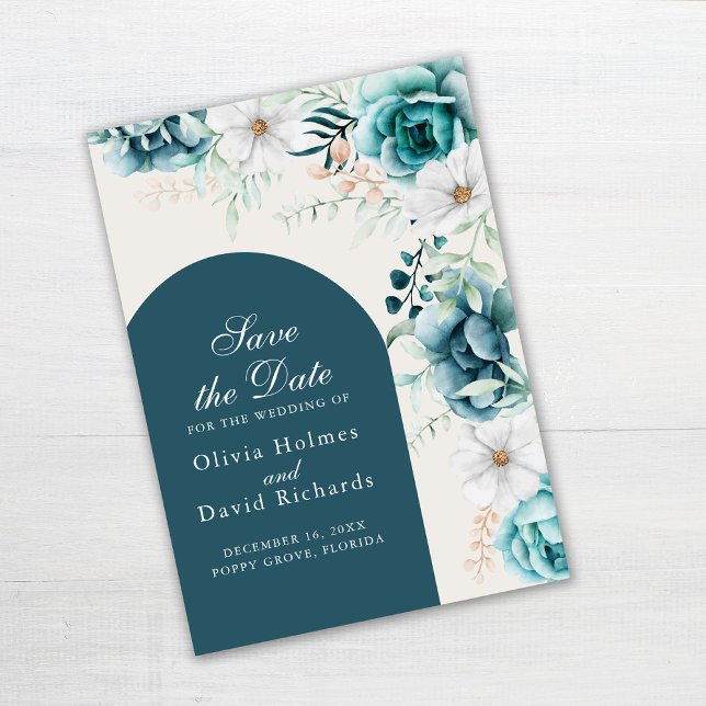 Teal Botanical Save the Date | Boho Style (Teal and Turquoise Save the Date Card on gray table)