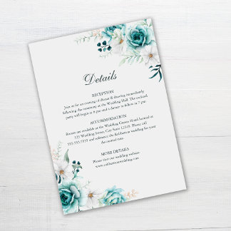Teal Botanical Wedding Details Card