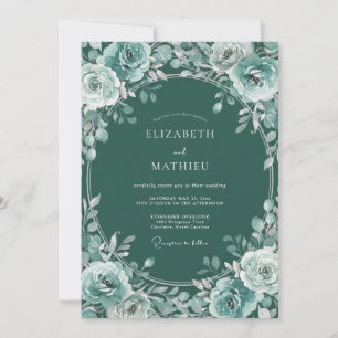 Teal Botanical Wreath Wedding Invitation