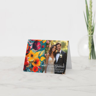 Teal Bouquet Folded Wedding Photo Thank You Card