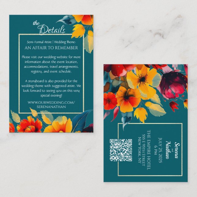 Teal Bouquet QR Code Wedding Details Enclosure Card (Front/Back)