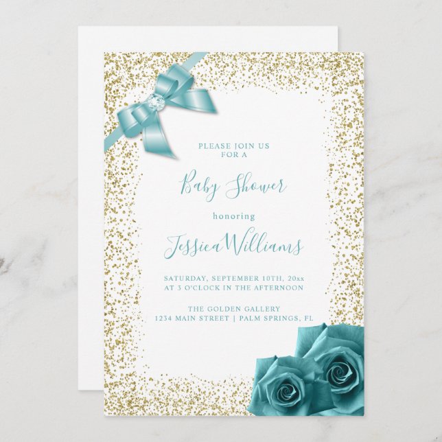 Teal Bow & Roses Gold Glitter Baby Shower Party Invitation (Front/Back)