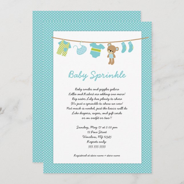 Teal Boy Clothesline baby sprinkle invitations (Front/Back)