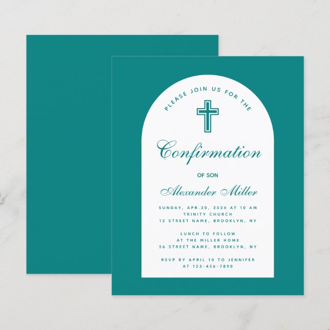 Teal Boy Confirmation White Arch Budget Invitation (Front/Back)