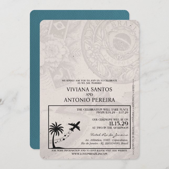 Teal Brazil Passport Wedding Invitation (Front/Back)
