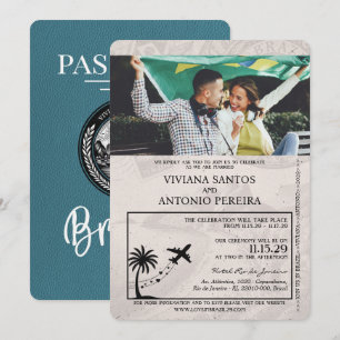 Teal Brazil Passport Wedding Invitation