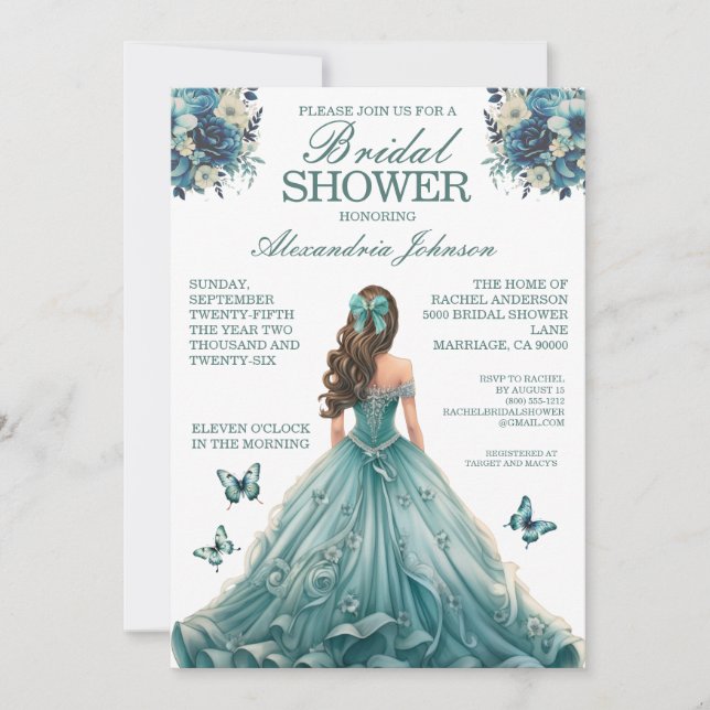 Teal Bridal Shower Fancy Dress Invitations (Front)