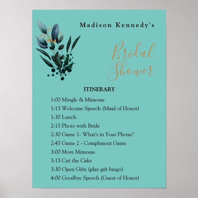 Teal Bridal Shower 🌸 Itinerary Plan  Poster (Front)