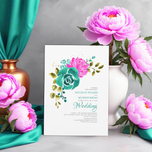 Teal Bright Pink Floral Wedding  Invitation