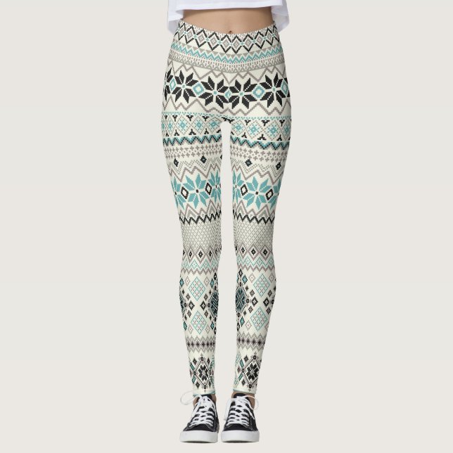 Teal bronze aztec snowflakes reindeer Christmas Leggings (Front)