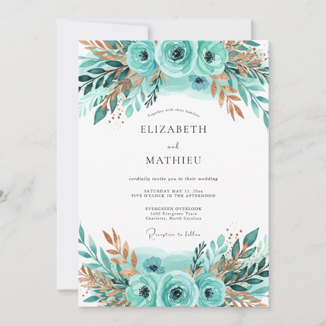 Teal Bronze Lustrous Winter Wedding Invitation (Front)