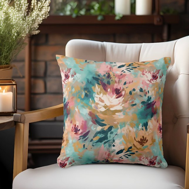 Teal Brown Abstract Painting Floral Pattern Cushion (Creator Uploaded)