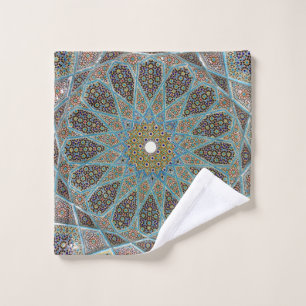 Teal, brown, and yellow floral kaleido artwork wash cloth