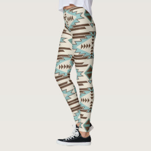 Teal Brown Aztec Tribal Pattern Leggings