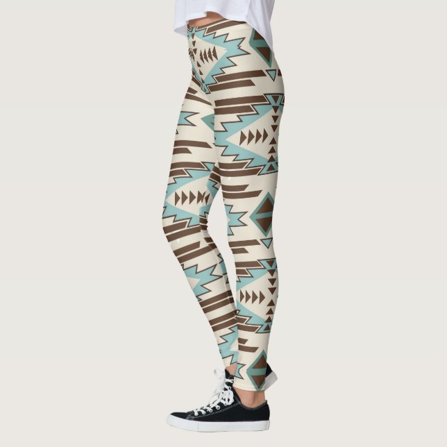 Teal Brown Aztec Tribal Pattern Leggings (Left)