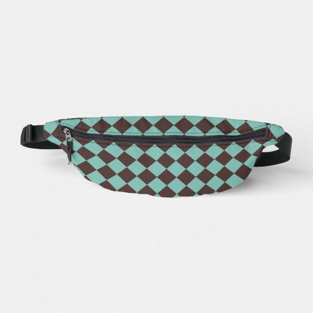 Teal Brown Chequered Diamond Pattern Bum Bags (Front)