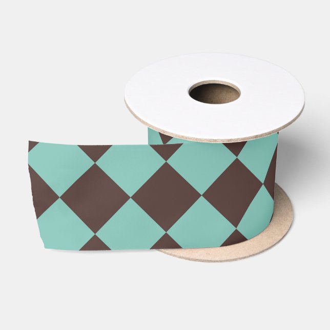 Teal Brown Chequered Diamond Pattern Satin Ribbon (Spool)
