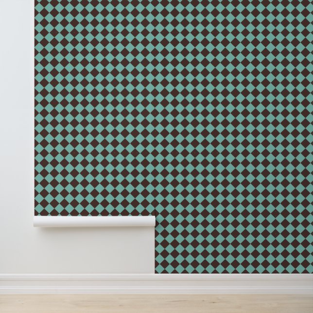 Teal Brown Chequered Diamond Pattern Wallpaper (Application)