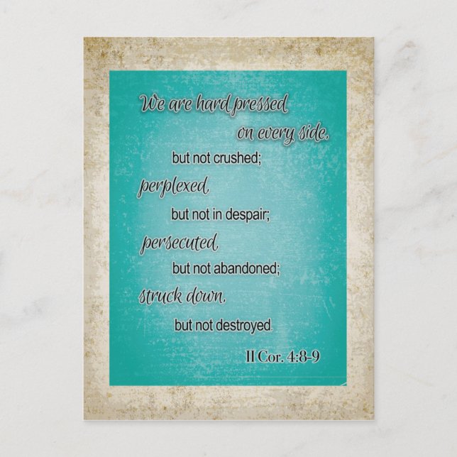 Teal Brown Christian Bible Verse II Cor 4:8-9 Postcard (Front)