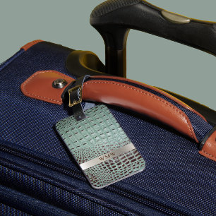 Teal Brown Digital Leather Titanium Metal Monogram Luggage Tag