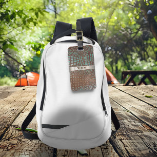 Teal Brown Digital Leather Titanium Metal Monogram Luggage Tag