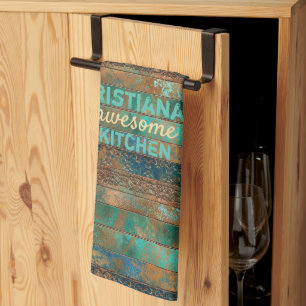 Teal brown faux copper patina inspired custom tea towel