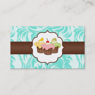 Teal & Brown Floral Cup Cake Bakery Business Card