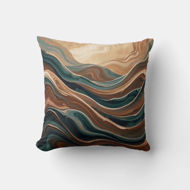 Teal Brown Fluid Wave Abstract Marble Cushion (Front)