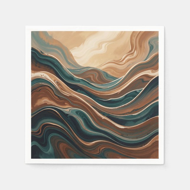 Teal Brown Fluid Wave Abstract Marble Napkin (Front)