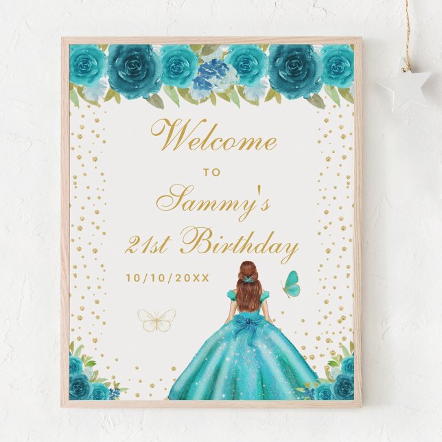 Teal Brown Hair Girl Birthday Party Welcome Poster (Creator Uploaded)