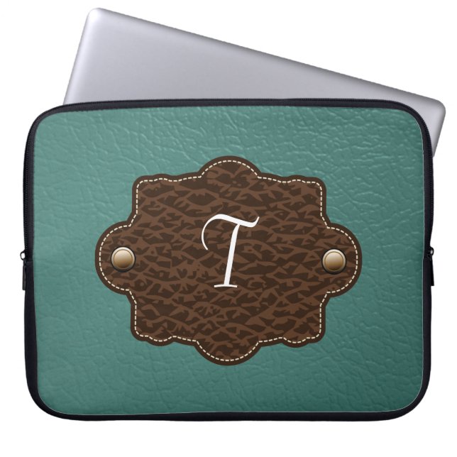 Teal & Brown Monogram Leather Look Laptop Sleeve (Front)