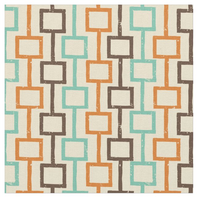 Teal Brown Orange Retro Geometric Pattern  Fabric (Close Up)