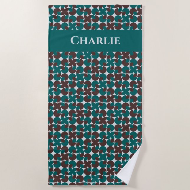 Teal & Brown Retro '70s Motifs Personalised Beach Towel (Front)
