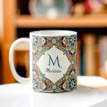 Teal brown talavera bridesmaids gifts monogrammed coffee mug<br><div class="desc">Teal Blue and brown colourful vintage Mexican talavera azulejo bridesmaids gifts personalised name monogrammed coffee mug gifts for her</div>