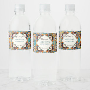 Teal brown talavera bridesmaids gifts monogrammed water bottle label