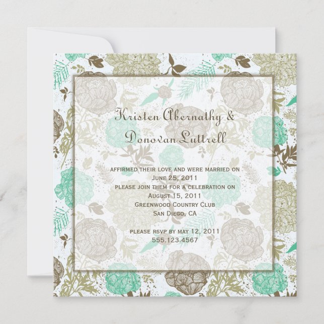 Teal Brown Tan Olive Floral Abstract Post Wedding Invitation (Front)