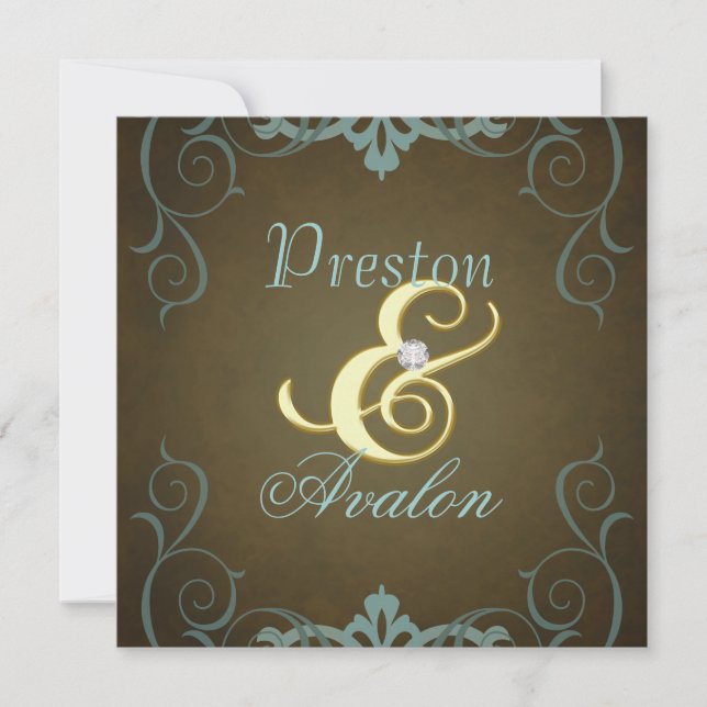 Teal & Brown Texture Gold Scroll Invitation (Front)