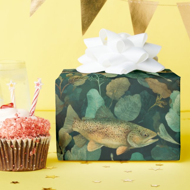 Teal Brown Trout Underwater Botanical Wrapping Paper (Birthday Party)