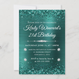 Teal Brushed Metal and Glitter 21st Birthday Invitation