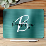 Teal Brushed Metal Black White Script Monogram  Mouse Pad<br><div class="desc">This elegant personalised mouse pad features a monogram and first name in modern black and white script on a trendy teal brushed metal background.</div>