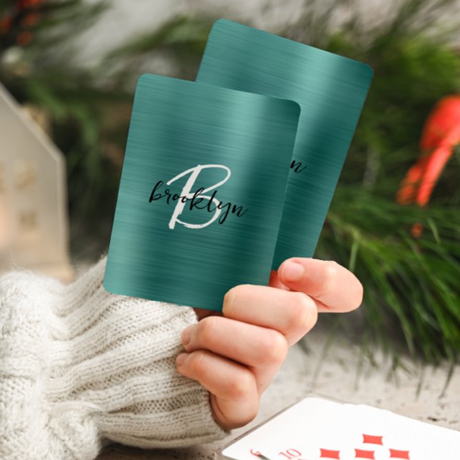 Teal Brushed Metal Black White Script Monogram  Playing Cards (Creator Uploaded)