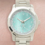 Teal Brushed Metal Silver Glitter Monogram Name<br><div class="desc">Easily personalise this trendy chic watch design featuring pretty silver sparkling glitter on a teal brushed metallic background.</div>
