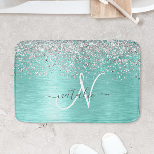 Teal Brushed Metal Silver Glitter Monogram Name Bath Mat